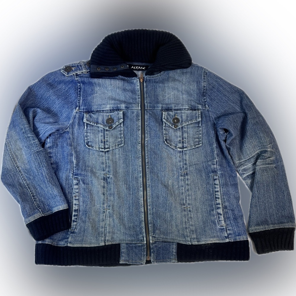 Vintage 90s/2000s Denim Jacket with Knit Trim – Size 16